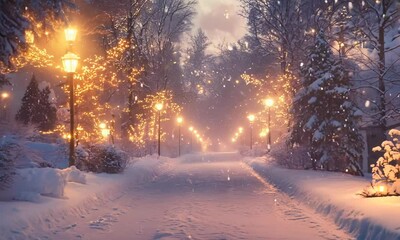 Evening walk along a snowy street, with glowing streetlights and softly falling snow creating a serene winter scene. . Video