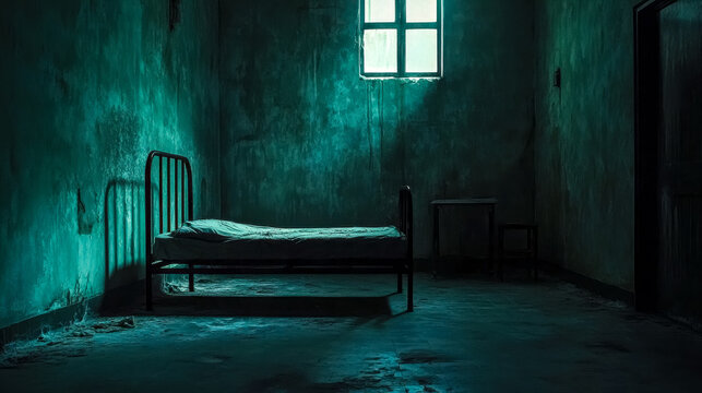 Old asylum room casting shadows in the dark