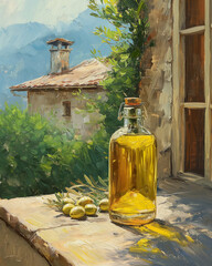Image of Still life with bottle of olive oil. printed on Printed Glass Splashbacks
