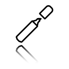 Marker, highlighter simple icon. Flat design. Black icon with mirror reflection. White background