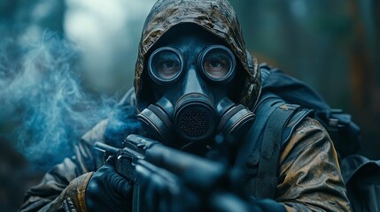 man equipped with a gas mask and rifle, ready for defense and survival in dangerous environments, showcasing military action, tactical preparedness, and protection in hazardous conditions