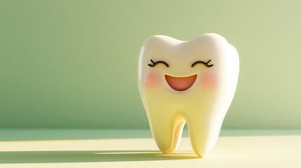 A 3D animated tooth character standing upright. The tooth has a cheerful expression with closed eyes, rosy cheeks, and a wide, open mouth revealing a playful smile.