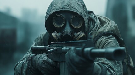 man equipped with a gas mask and rifle, ready for defense and survival in dangerous environments, showcasing military action, tactical preparedness, and protection in hazardous conditions