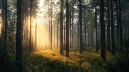 Obraz premium A dense forest at dawn, with a light mist hanging in the air and faint sunlight peeking through the trees