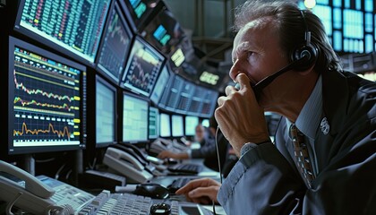 Naklejka premium A trader deeply engaged in analyzing multiple screens of stock market data, focused on decision making.