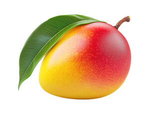 Ripened mango with a vibrant leaf showcasing natural beauty on a pure white background