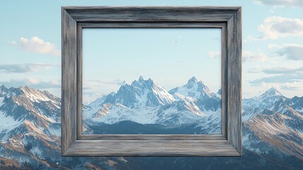 A wooden frame showcases stunning snow-capped mountains under a clear sky, creating a beautiful scenic view.