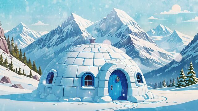 A cozy igloo with a blue door nestled in a snowy mountain landscape. Seamless looping 4k time-lapse virtual video background