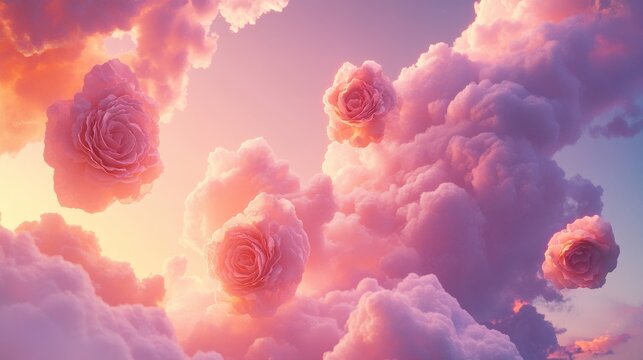 A few fluffy clouds shaped like roses floating in a pastel sunset sky, The scene captures the essence of romance