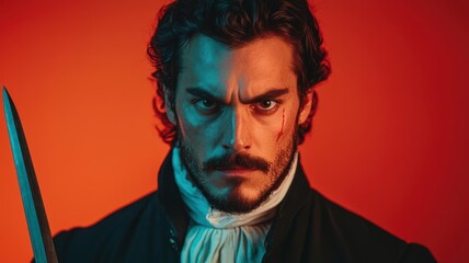 Fototapeta premium Male vampire hunter with a scarred face, wielding a wooden stake, facing off against a shadowy vampire, intense Halloween portrait, heroic character, dramatic tension