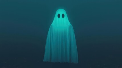 Child dressed as a glowing ghost, with eerie green light surrounding the figure, floating in a foggy cemetery, Halloween-themed glow, haunting portrait