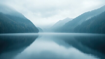 Calm Misty Lake in the Mountains