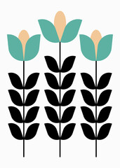 Three Minimalist Teal & Black Flowers 