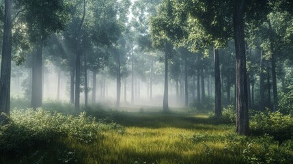 Fototapeta premium A foggy morning in a tranquil forest, with light softly filtering through the mist