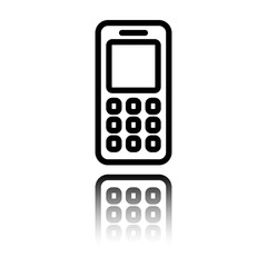 Obraz premium Mobile phone simple icon. Flat design. Black icon with mirror reflection. White background