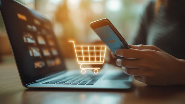 ecommerce concept with a person using a smartphone and laptop, online shopping cart on a virtual screen, showcasing internet store transactions, online purchases, and digital business platforms
