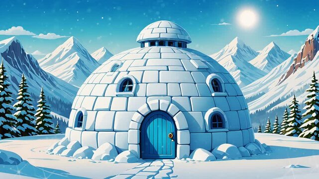 A cozy igloo with a blue door nestled in a snowy mountain landscape. Seamless looping 4k time-lapse virtual video background