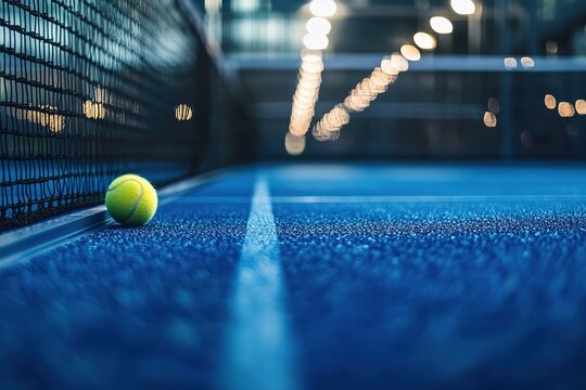 Tennis ball on blue court with bokeh lights