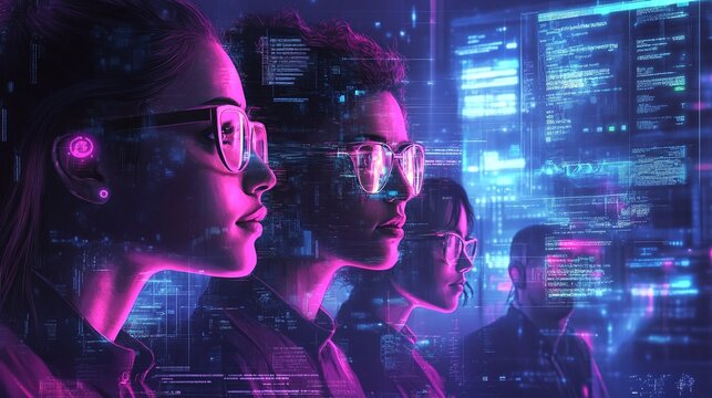 artificial intelligence cybersecurity threat concept, diverse IT security team analyzing cyber attacks, ensuring data protection and network security with inclusive expertise and ai analysis