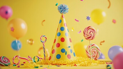 Colorful party items like a polka-dotted hat, ribbons, and candies on a bright yellow background.