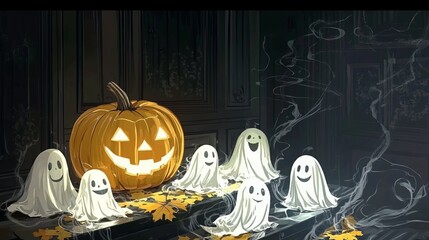 A carved pumpkin glows warmly, surrounded by happy ghosts, creating a whimsical Halloween scene.
