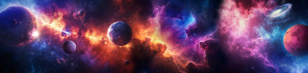 Space scene with planets, stars and galaxies. Panorama.	