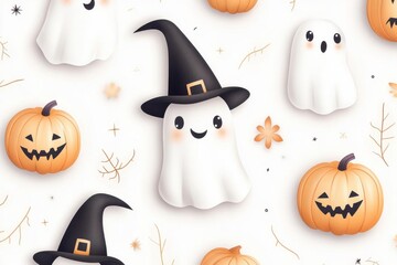 A whimsical Halloween pattern featuring cute ghosts and jack-o'-lanterns, perfect for festive designs and seasonal projects.