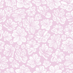 A floral pattern featuring various white flowers on a soft pink background, ideal for textiles or decorative designs.