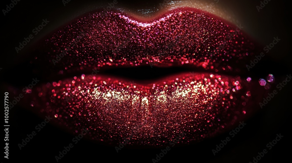 Poster a close-up view of glossy lips featuring a vibrant red glitter finish under soft lighting. generativ