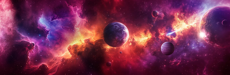 Space scene with planets, stars and galaxies. Panorama.