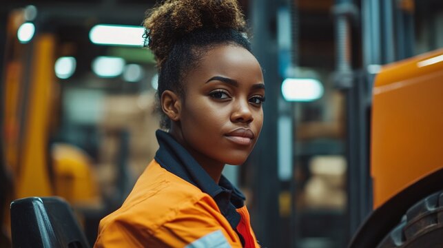 african american woman forklift driver in a factory warehouse, breaking gender stereotypes by working in a masculine job, highlighting empowerment and equality, celebrating international women's day