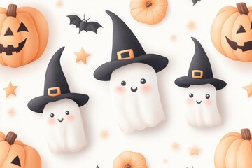 A festive Halloween pattern featuring cute ghosts, pumpkins, bats, and stars, perfect for seasonal decorations and designs.