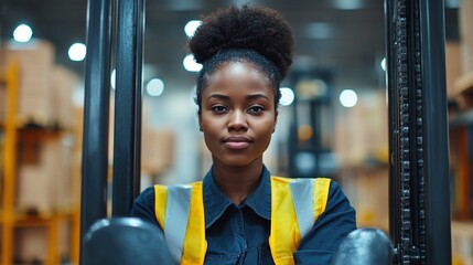 african american woman forklift driver in a factory warehouse, breaking gender stereotypes by working in a masculine job, highlighting empowerment and equality, celebrating international women's day