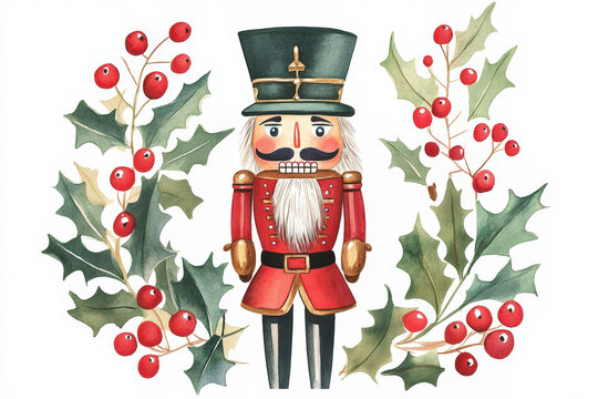 Watercolor illustration of a nutcracker wearing a red soldier uniform surrounded by holly branches with red berries for christmas