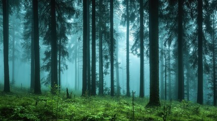 Obraz premium Misty Forest with Tall Trees and Soft Light