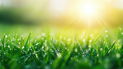 Obraz premium Dewdrops on Green Grass in Morning Sunlight
