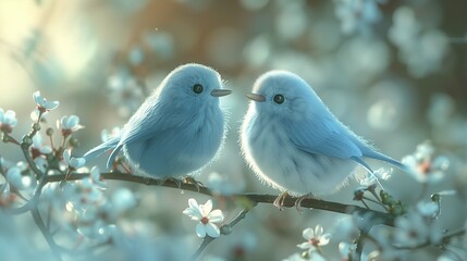 Songbirds couple sitting nearby on twig with flowers image. Birds on blooming spring garden photography scene wallpaper. Birdwatching hobby pleasure concept photorealistic photo