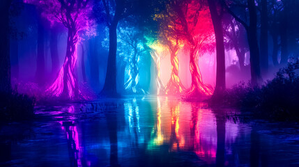 Fototapeta premium Glowing trees reflecting in swamp water at night