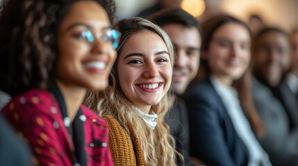 Fototapeta premium office colleagues at a diverse and inclusive team building workshop event, smiling and working together to promote race inclusion, teamwork, and collaboration in a professional workplace environment