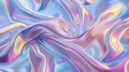 Obraz premium Unique silver iridescent silk fabric sheet closeup image. Hypnotizing glowing satin textile close up photography. Futuristic tailoring material presentation concept photo realistic