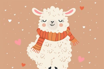 Fototapeta premium Cozy llama with scarf and hearts illustration