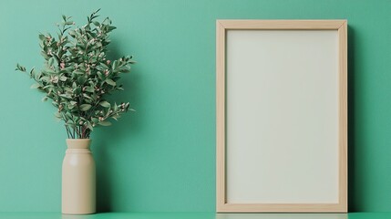 A minimalist display with a blank frame and a vase of greenery against a vibrant green wall, perfect for home decor inspiration.