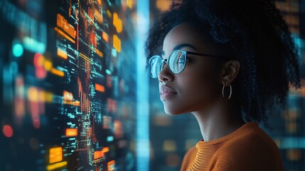black african american female it specialist analyzing ai cybersecurity threat, augmented reality collage, exploring artificial intelligence and information technology systems, side profile, copy space