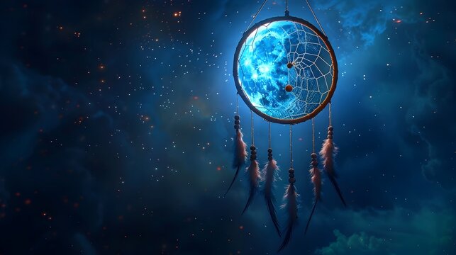 Glowing Dreamcatcher Moon Catching Cosmic Dreams in Starry Night Sky