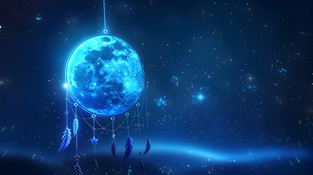 Glowing Dreamcatcher Moon Floating in Starry Cosmic Dreamscape