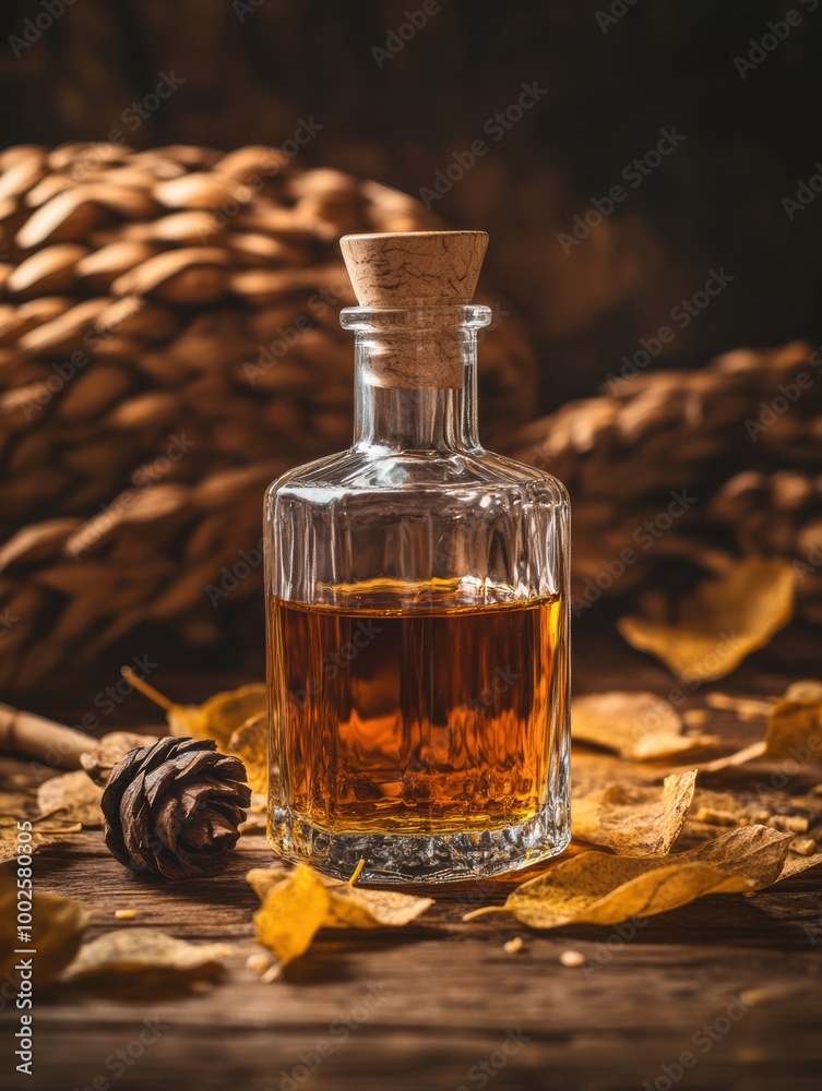 Poster a close-up view of a whiskey bottle surrounded by autumn leaves and natural decor in a cozy setting.