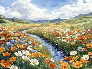 Vibrant Wildflower Field with Flowing Stream under Blue Sky