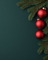 Red Christmas Ornaments with Pine Branches on Green Background