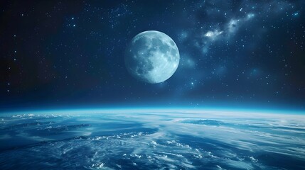 Fototapeta premium Luminous Moon Balloon Floating Above Earth s Horizon in Starry Night Sky