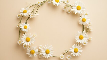 Obraz premium Chamomile daisies delicately form a circular frame on a soft beige backdrop, offering space for summer-related text
